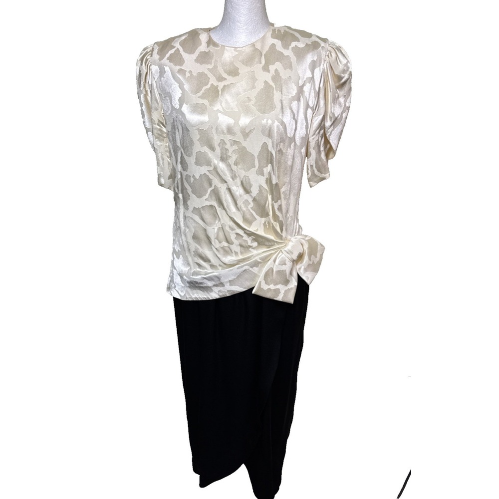 VTG 80s A.J. Bari Two Tone Jacquard Puff Sleeve Bow Midi Dress Velvet Size 8